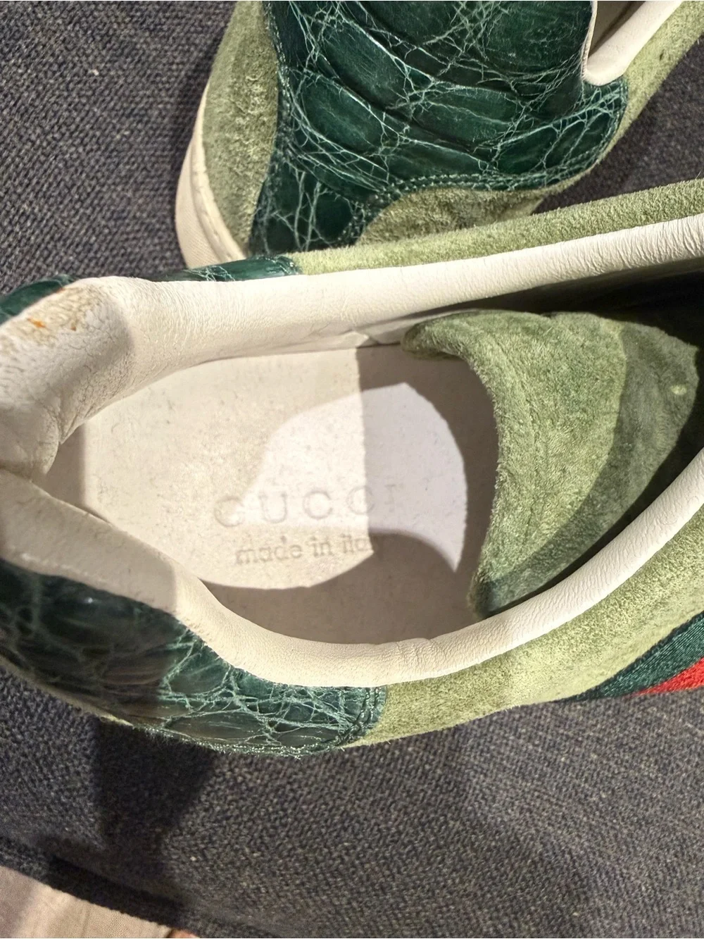 Gucci Green Suede Ace Sneakers with Red & Dark Green Stripe